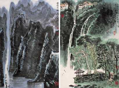 李行简 2001年作 山水四景 镜心（四开选二）